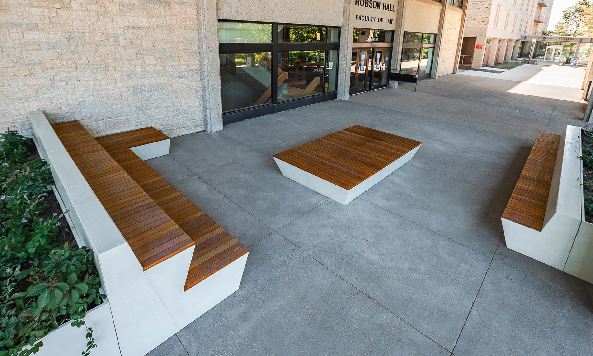 Plaza entrance with sophisticated seating