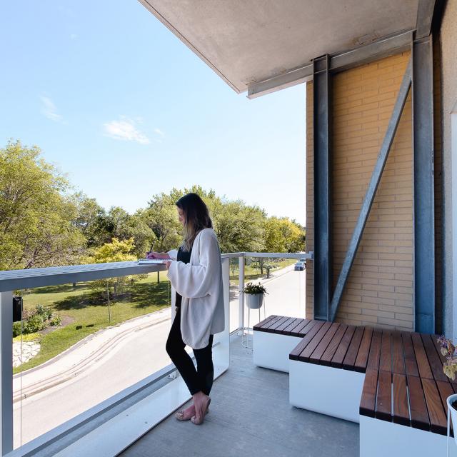 ft3. The second floor balcony at the ft3 office on Waterfront Drive on a sunny, summer day. 